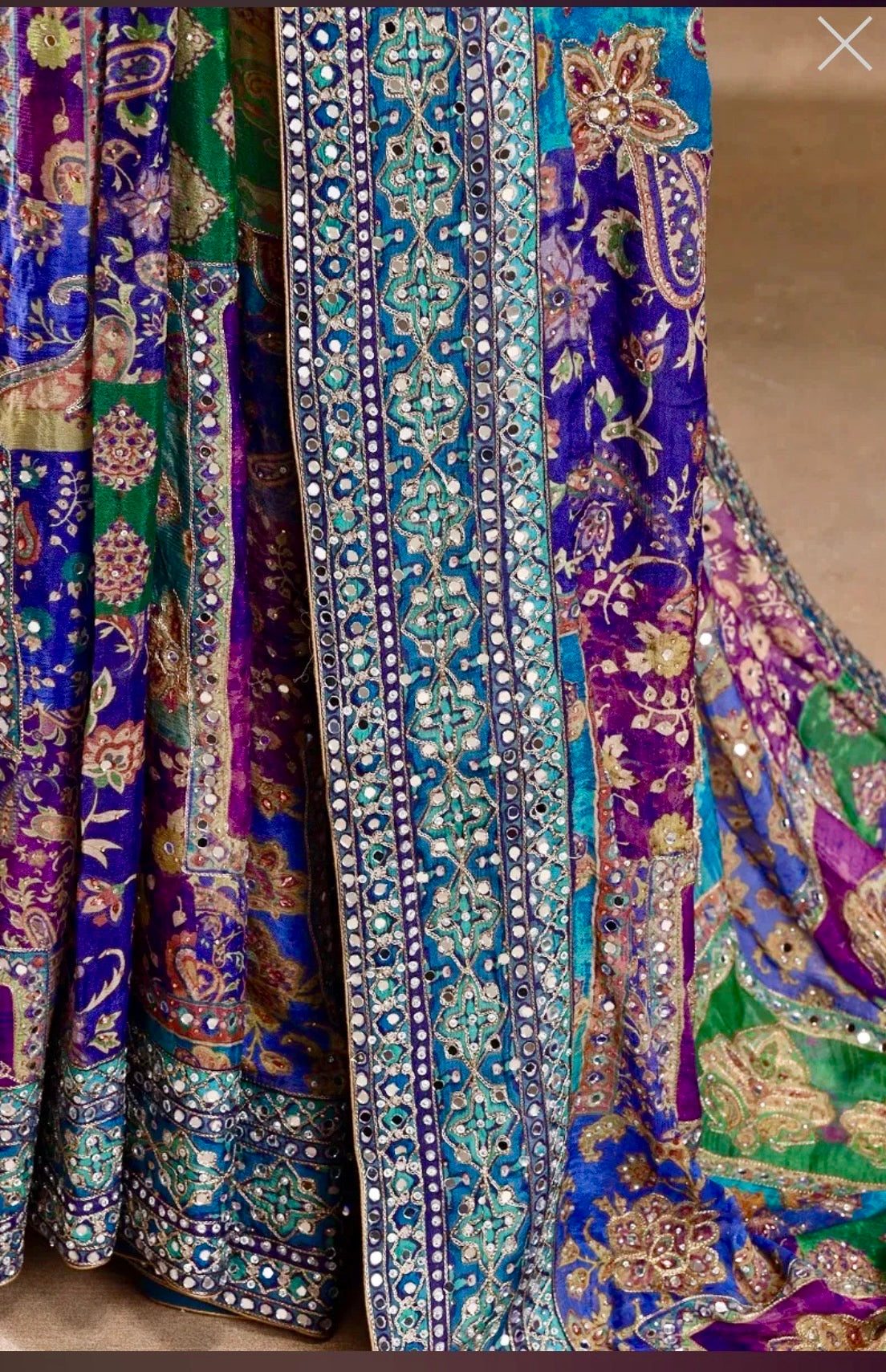 Close-up of intricately designed fabric with colorful patterns and embellishments.
