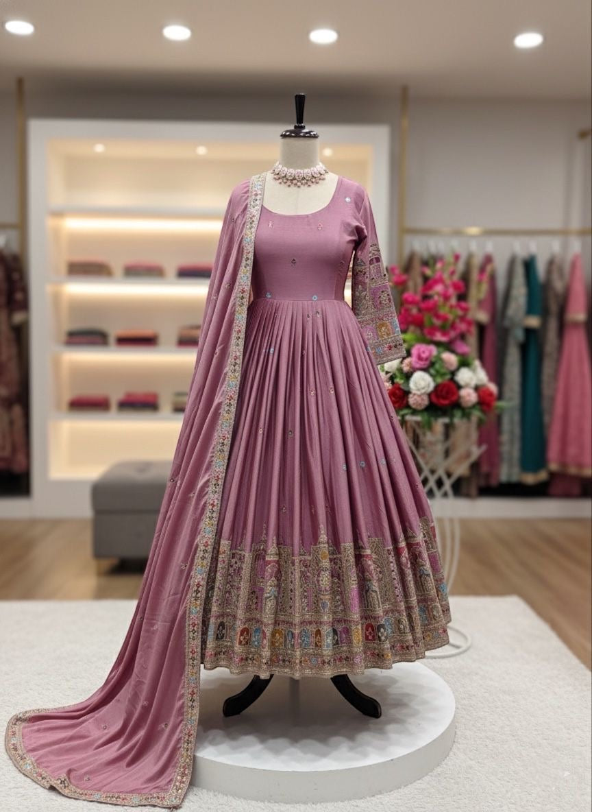 Pure Chinon Silk Gown Pant Dupatta Set