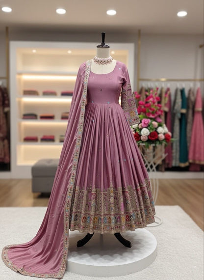 Pure Chinon Silk Gown Pant Dupatta Set