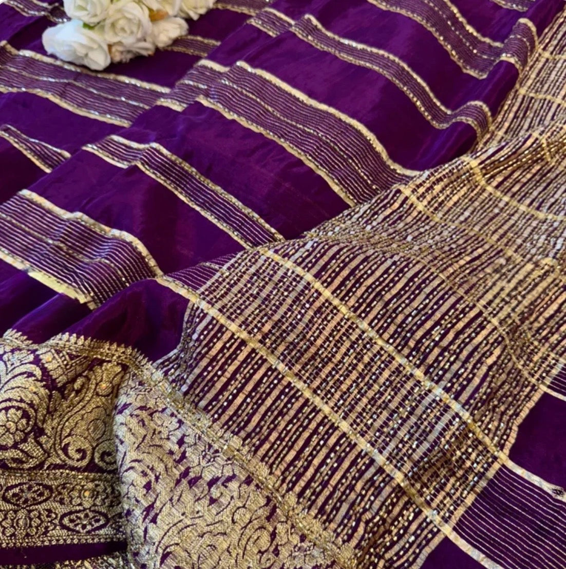 HO Silk Saree with Golden Zari Border & Sequin Work