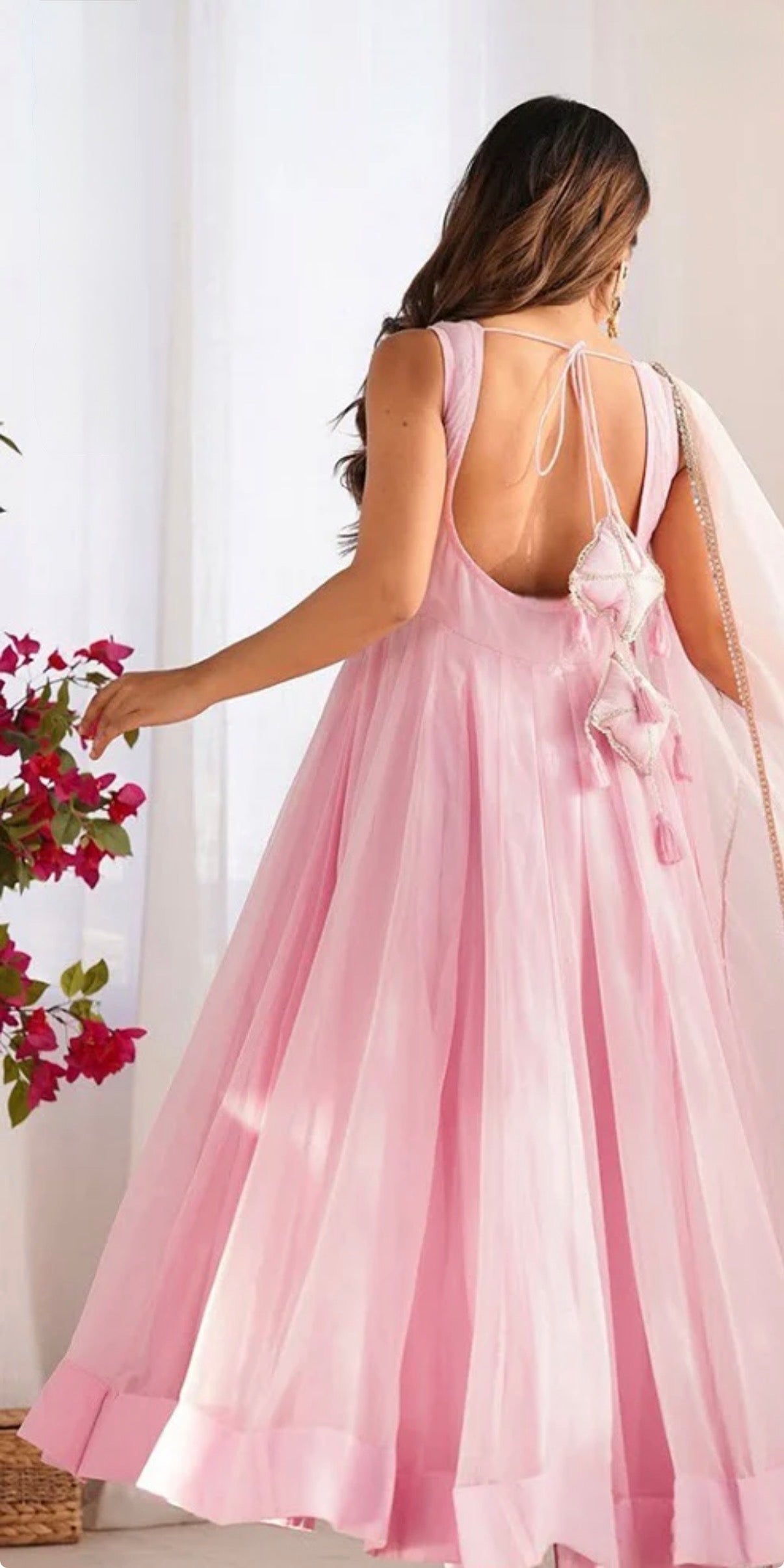 Blush Pink Faux Georgette Mirror Work Gown Set with Dupatta