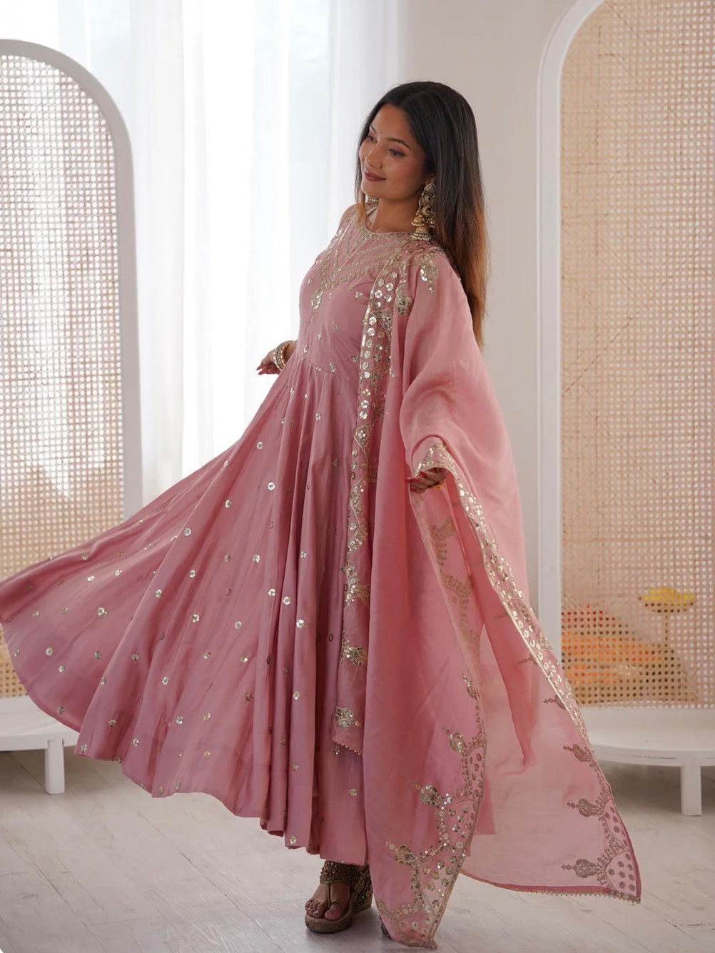Premium Roman Silk Anarkali Gown Set with Chanderi Dupatta (Restock)
