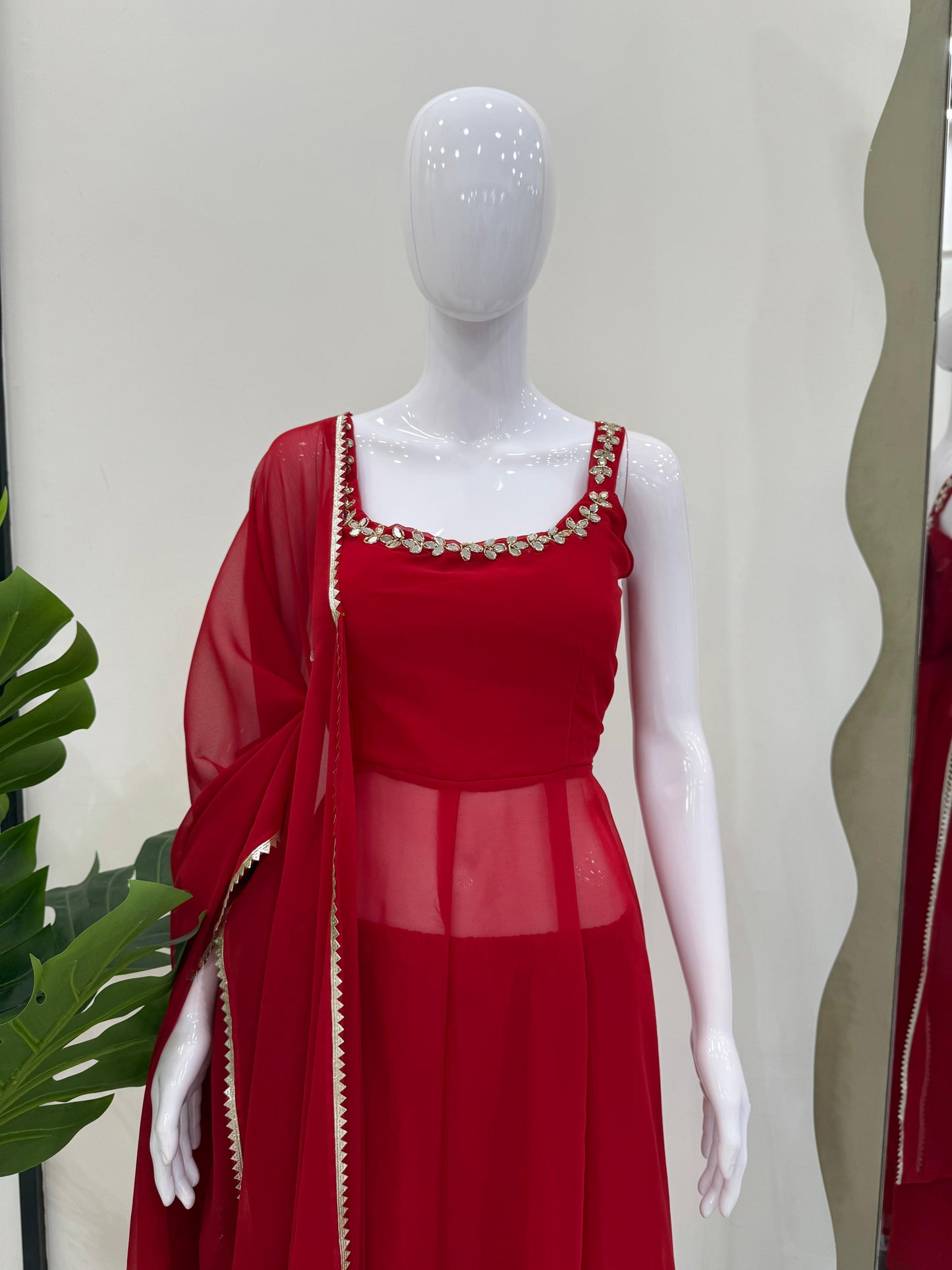 Red Hand Mirror Work Anarkali Suit Set with Palazzo & Dupatta