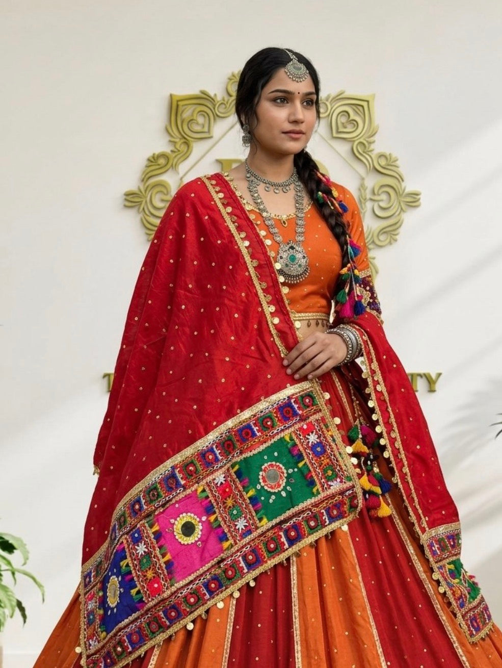 Premium Mal Chanderi Navratri Chaniya Choli - Mukesh Work & 9M Flair Lehenga