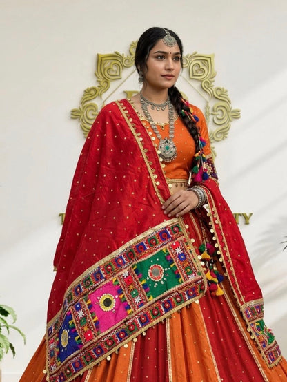 Premium Mal Chanderi Navratri Chaniya Choli - Mukesh Work & 9M Flair Lehenga