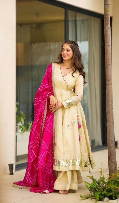 Pure Handmade Chinon Anarkali Palazzo Set with Bandhani Dupatta
