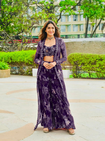 Designer Silk Sharara Set with Embroidered Shrug & Blouse
