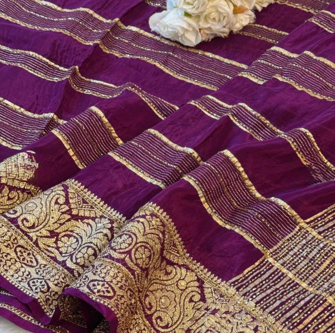HO Silk Saree with Golden Zari Border & Sequin Work