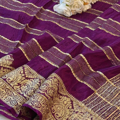 HO Silk Saree with Golden Zari Border & Sequin Work