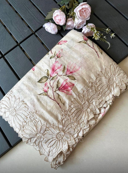Floral Tussar Silk Saree with Cutwork Embroidered Border