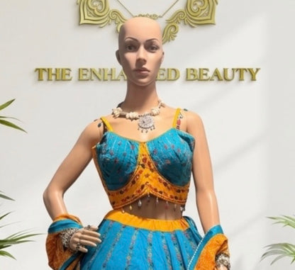 Vibrant Sky Blue Lehenga Choli with Mustard yellow Dupatta (Beach Sunset Theme)