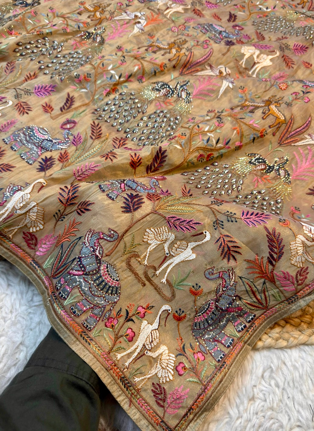Luxury Peacock Embroidered Saree with Sequin Work & Stitched Blouse
