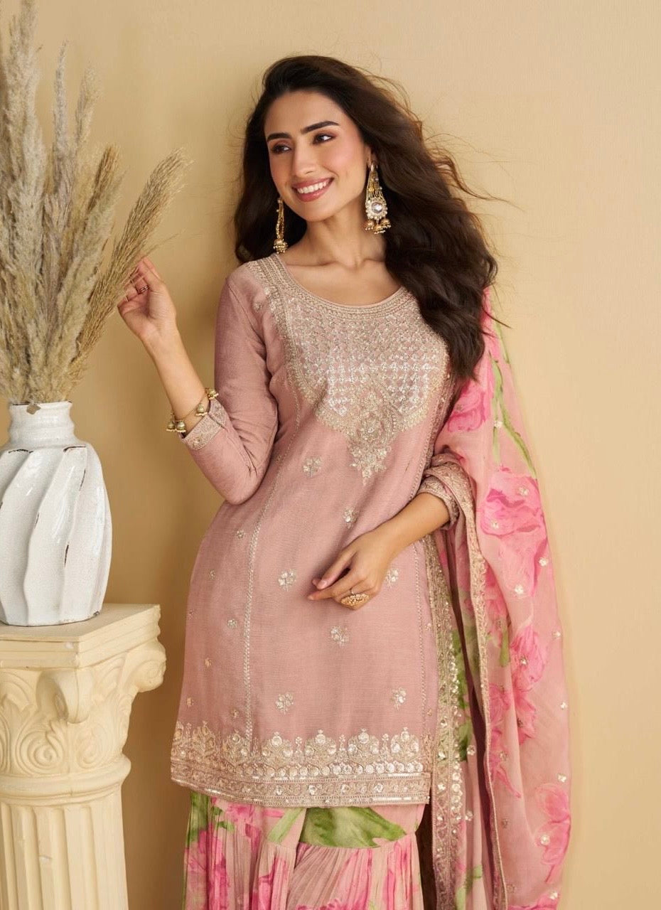 Premium Chinon Silk Embroidered Palazzo Suit Set with Dupatta – Free Size Stitched