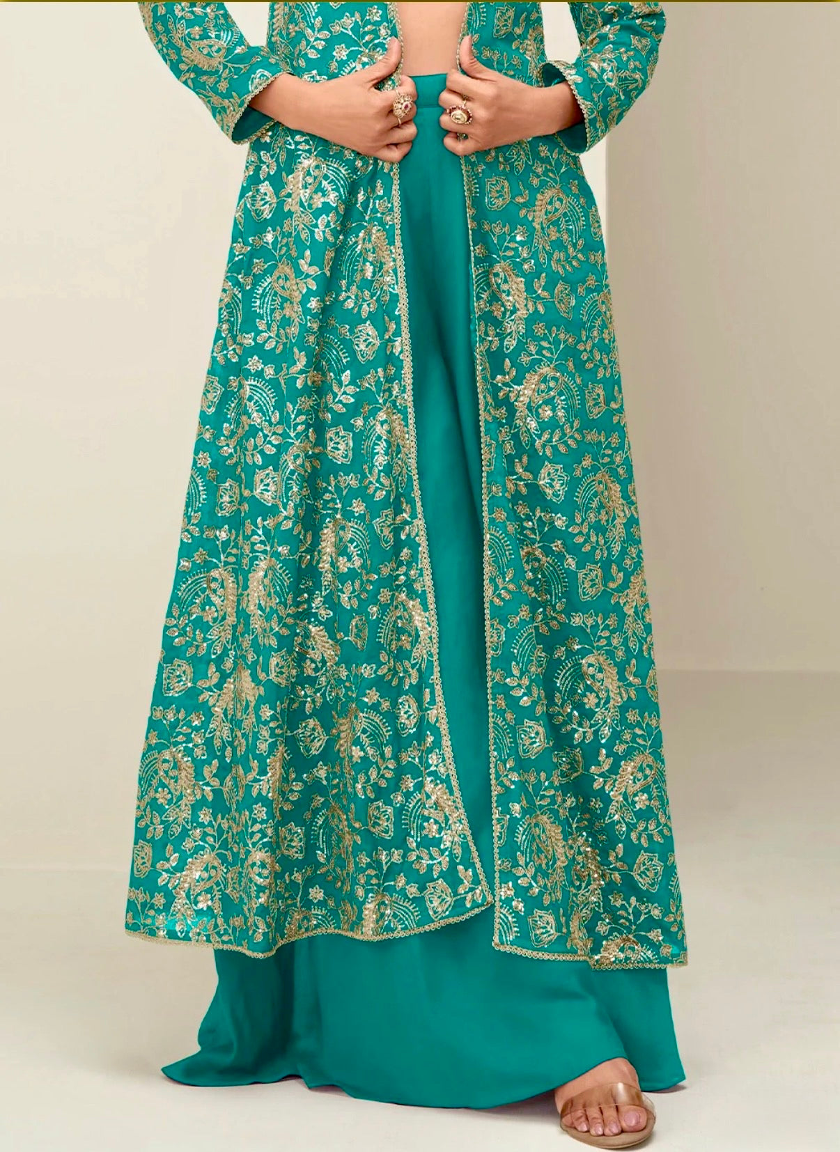 Chinon Silk Embroidered Long Jacket With Palazzo Set