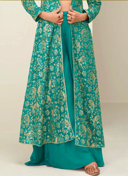 Chinon Silk Embroidered Long Jacket With Palazzo Set