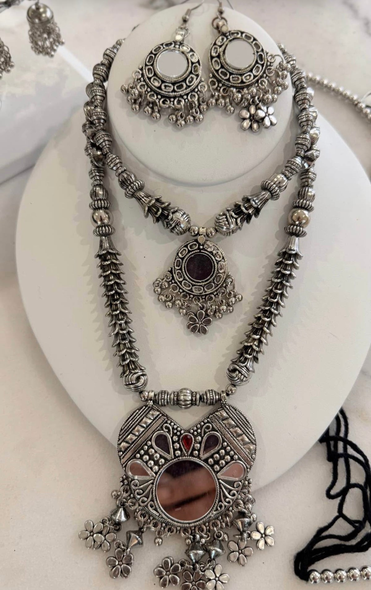 Premium Oxidized German Silver Mirror Jewelry Set | Boho Rani Haar, Earrings, Belt & Cuff Kadas