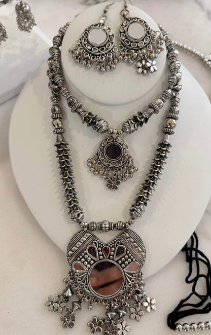 Premium Oxidized German Silver Mirror Jewelry Set | Boho Rani Haar, Earrings, Belt & Cuff Kadas