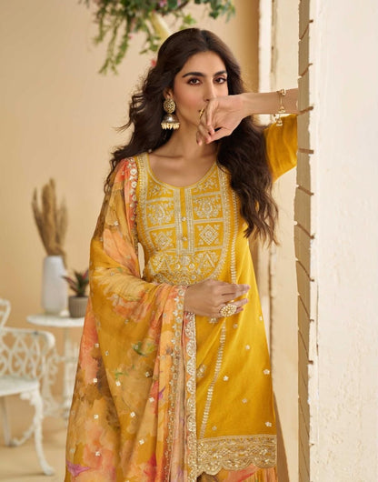 Premium Chinon Silk Embroidered Palazzo Suit Set with Dupatta – Free Size Stitched