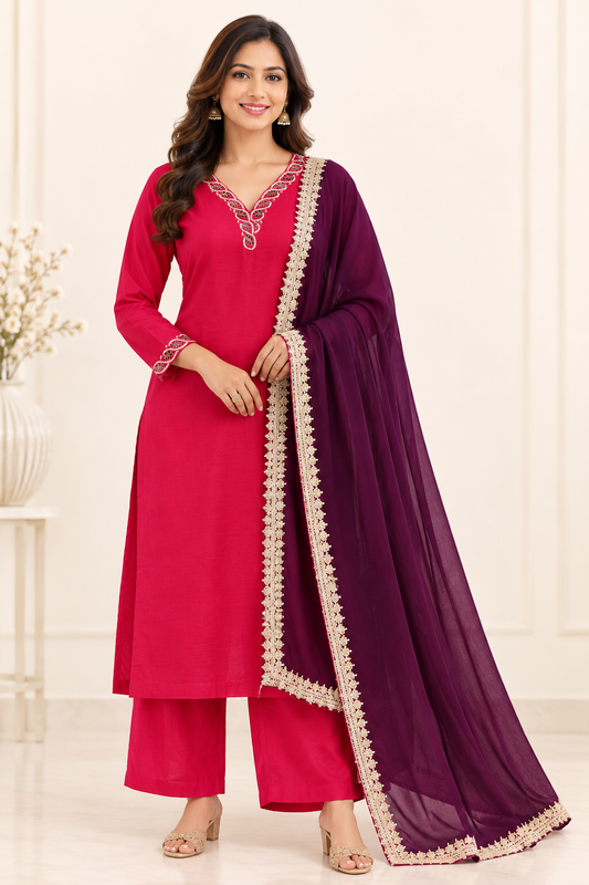 Fuchsia Pink Gajji Silk Kurta Set with Handcrafted