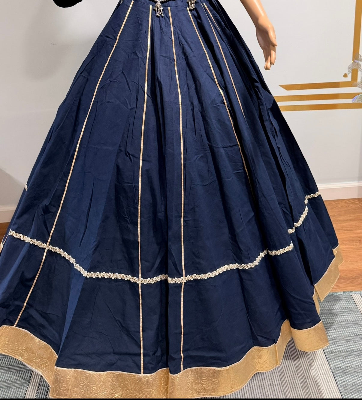 Navy Blue Jaam Cotton Lehenga Choli with Heavy Kodi Lace & 10 Mtr Flare