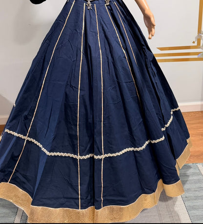 Navy Blue Jaam Cotton Lehenga Choli with Heavy Kodi Lace & 10 Mtr Flare