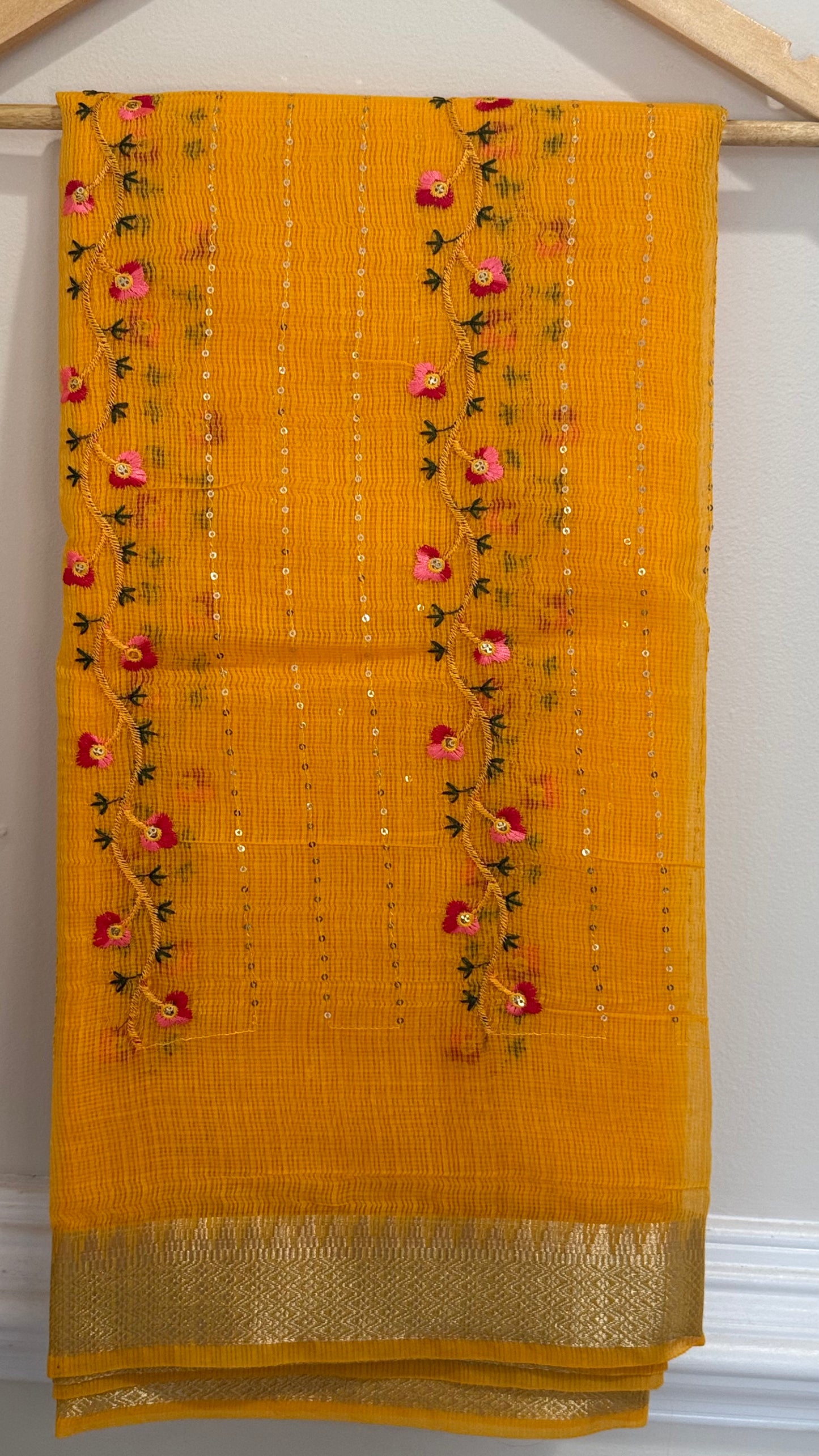 Sunshine Yellow Floral Cotton Saree with Sequins & Thread Embroidery