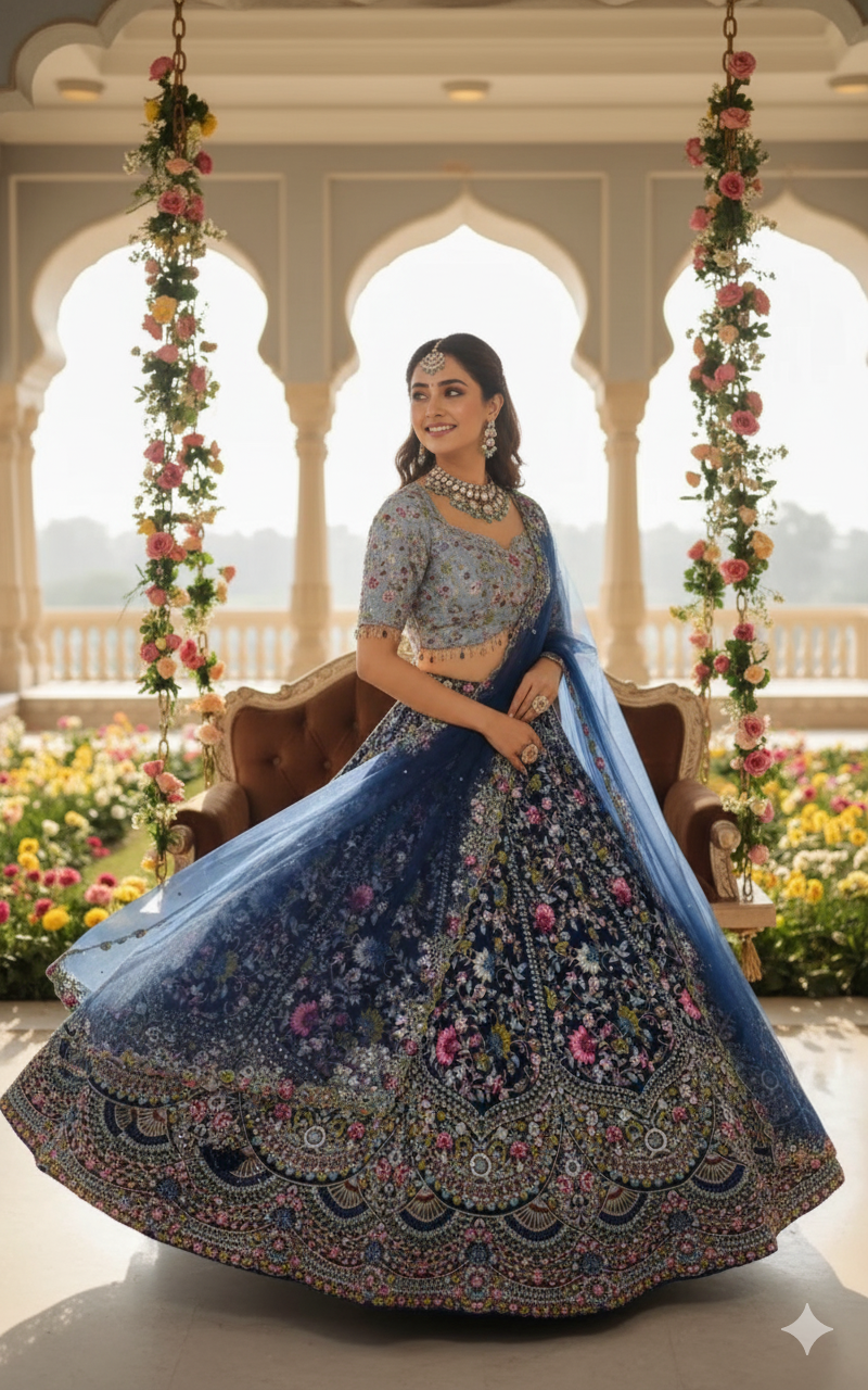 Bridal Lehenga Fabric-Malai Silk | The "Gulbahar" Enchanted Garden Lehenga Set