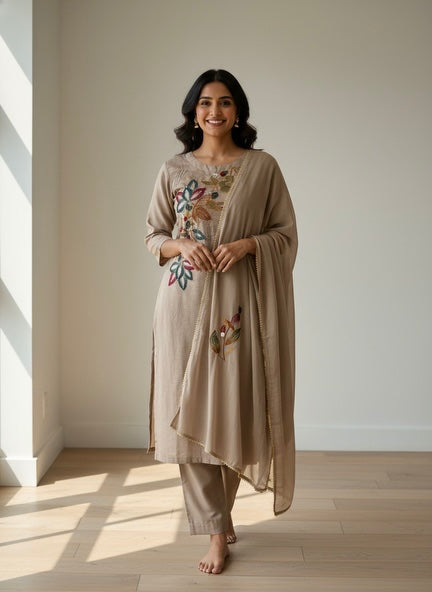 Woman wearing a beige traditional outfit with floral embroidery in a bright room.