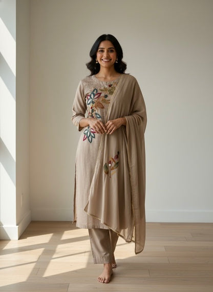 Woman wearing a beige traditional outfit with floral embroidery in a bright room.