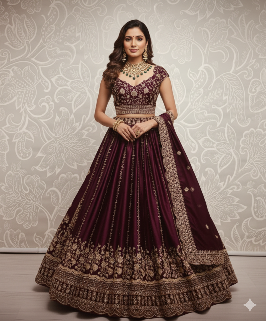 Maroon Chiffon Satin Embroidered Lehenga Set | The "Shahana" Royal Plum Lehenga Set