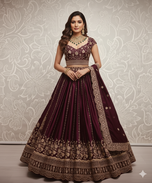 Maroon Chiffon Satin Embroidered Lehenga Set | The "Shahana" Royal Plum Lehenga Set