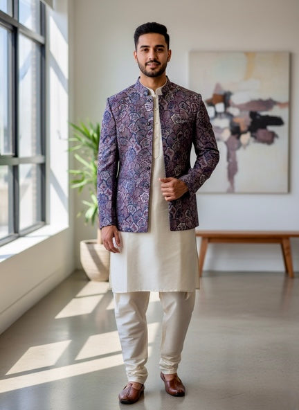 Men’s Cream Kurta Pajama Set with Multicolor Nehru Jacket – Festive & Wedding Wear