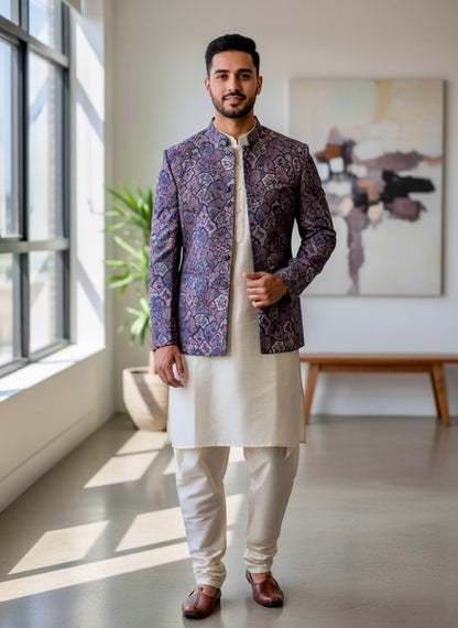 Men’s Cream Kurta Pajama Set with Multicolor Nehru Jacket – Festive & Wedding Wear
