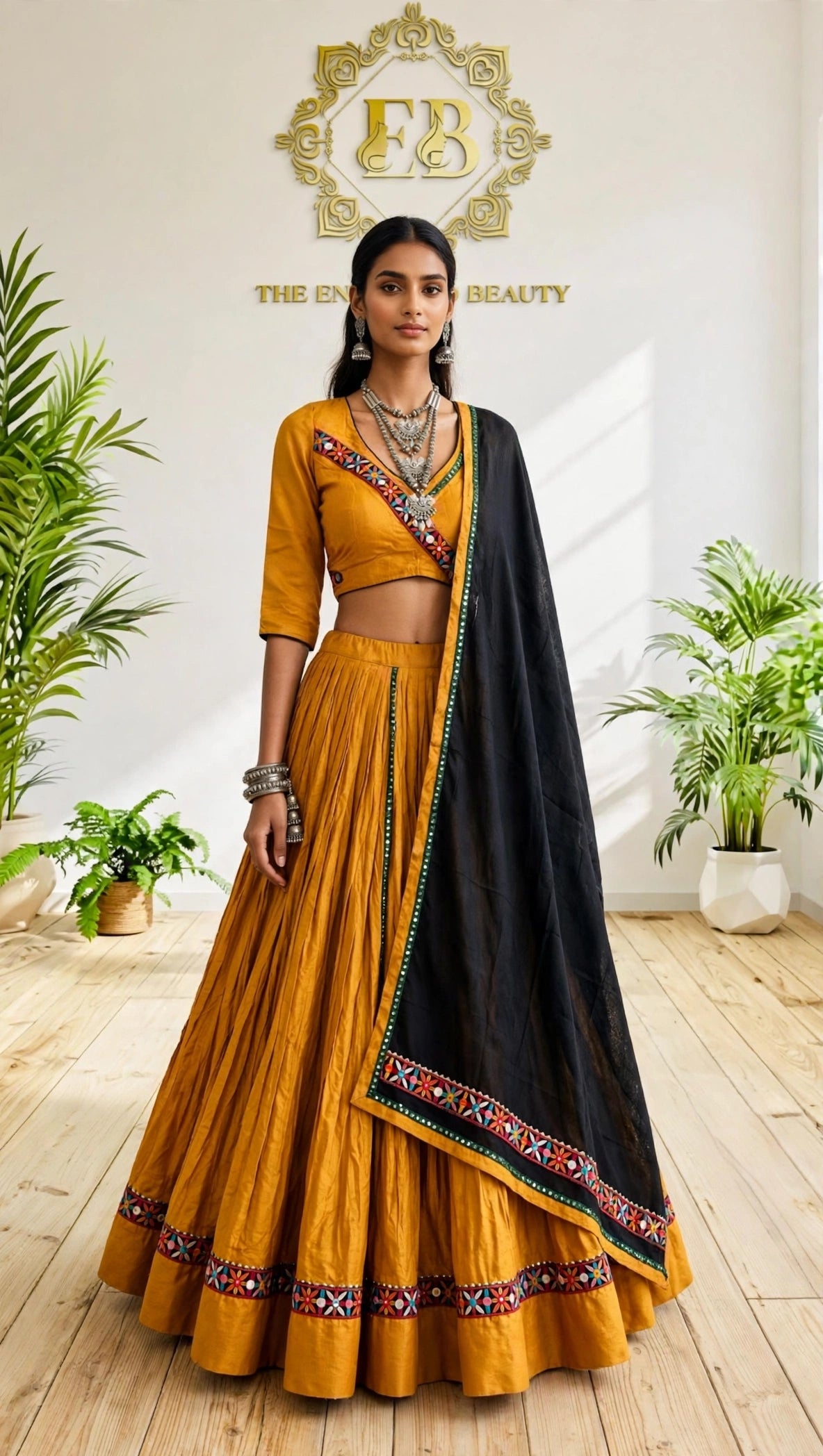 Premium Mustard Rayon Cotton Chaniya Choli with Black Dupatta | Traditional Mirror & Gamthi Work