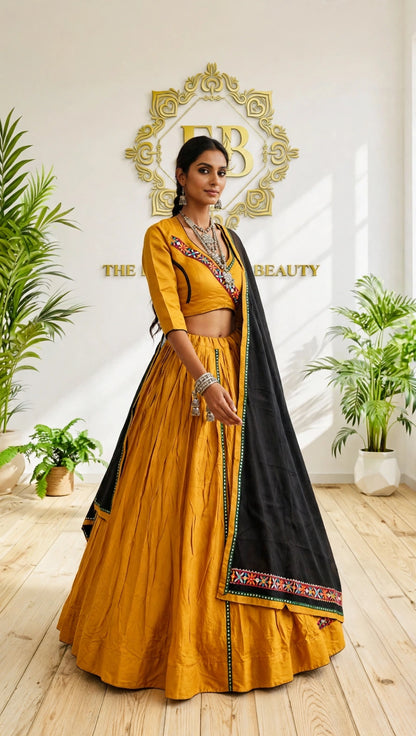 Premium Mustard Rayon Cotton Chaniya Choli with Black Dupatta | Traditional Mirror & Gamthi Work