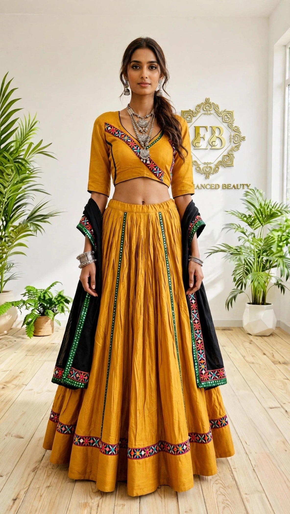 Premium Mustard Rayon Cotton Chaniya Choli with Black Dupatta | Traditional Mirror & Gamthi Work