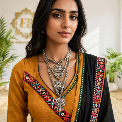 Premium Mustard Rayon Cotton Chaniya Choli with Black Dupatta | Traditional Mirror & Gamthi Work