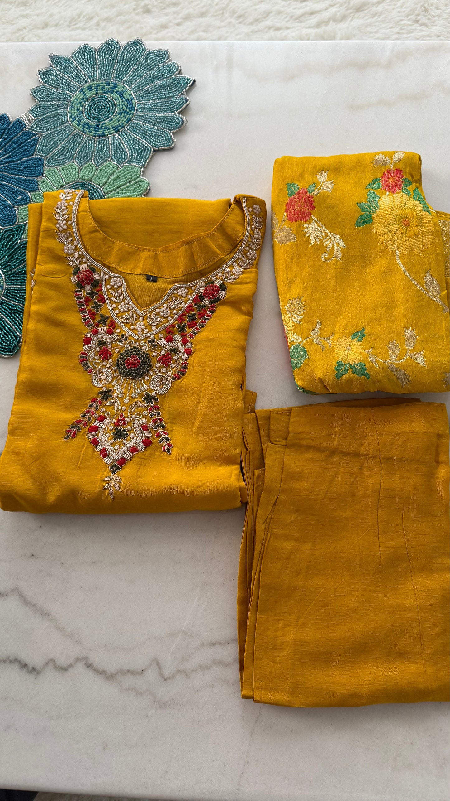 Yellow Floral Neckline Indian Suit with Pearl Embellishments