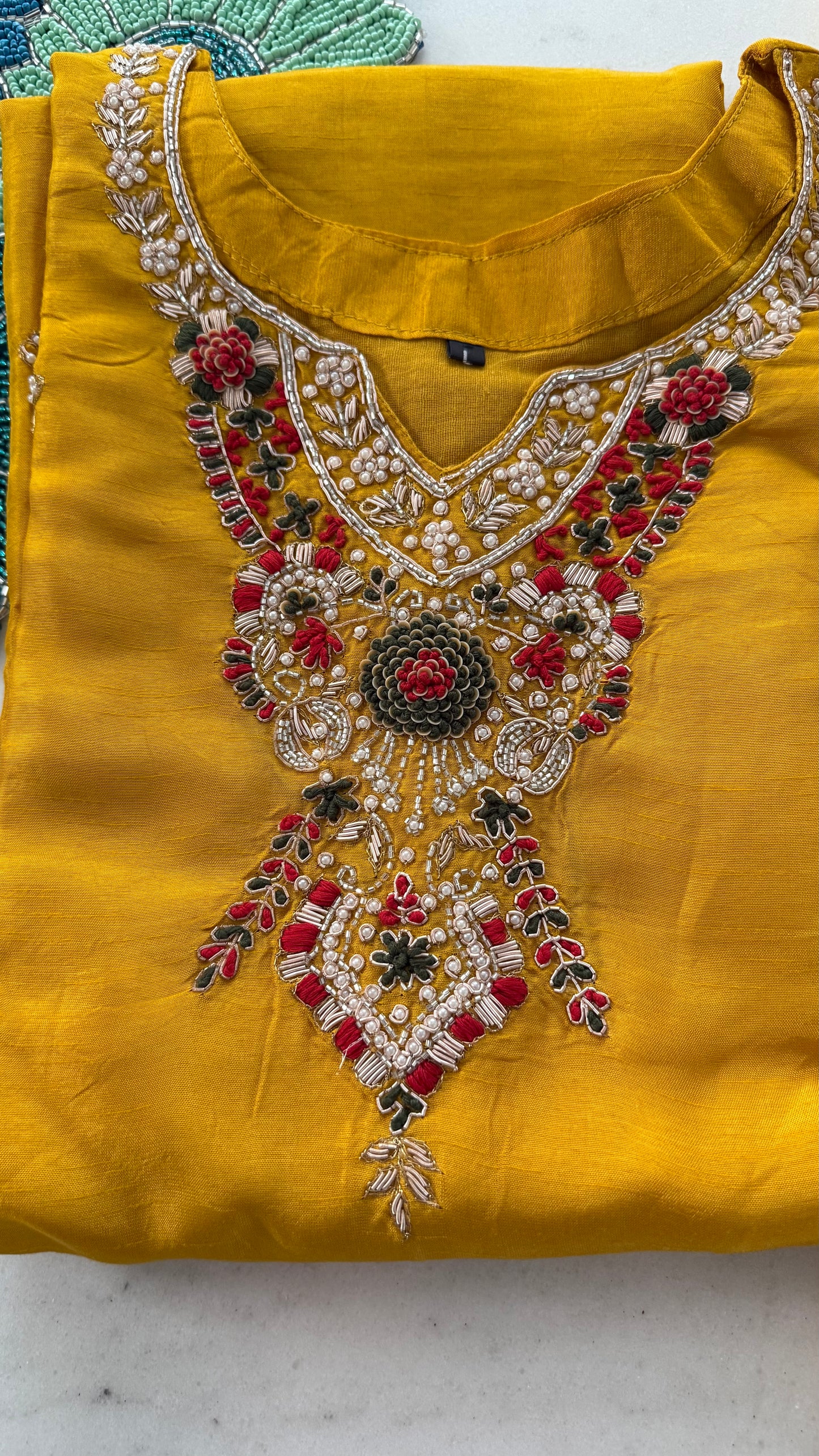 Yellow Floral Neckline Indian Suit with Pearl Embellishments