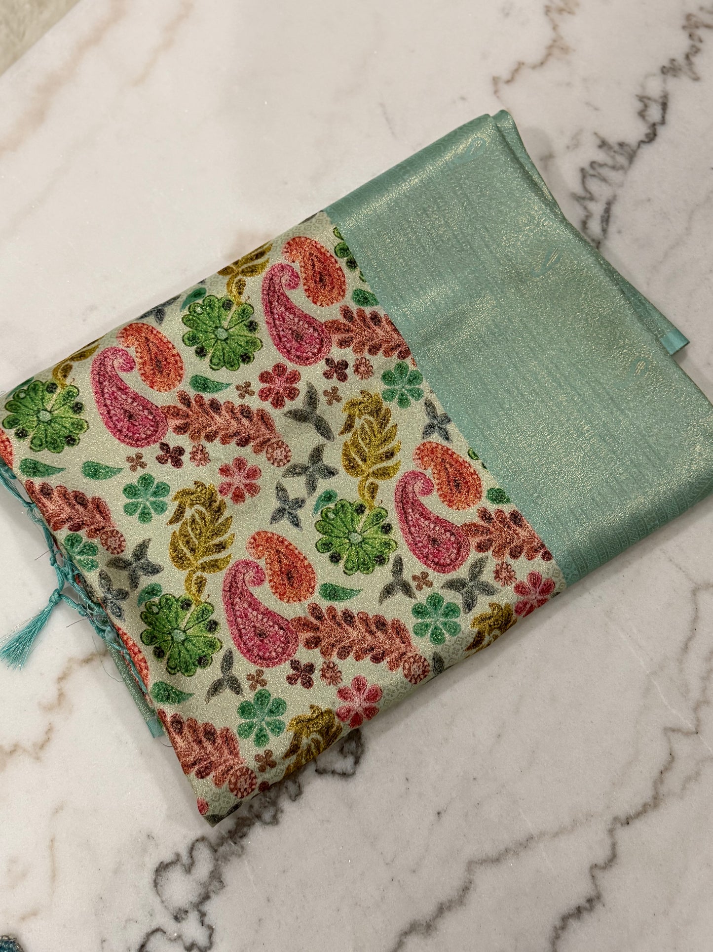 Vibrant Grace Kanjivaram Saree – Orange, Green & Sky Blue