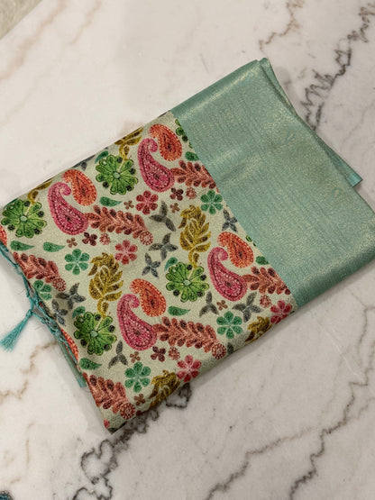 Vibrant Grace Kanjivaram Saree – Orange, Green & Sky Blue