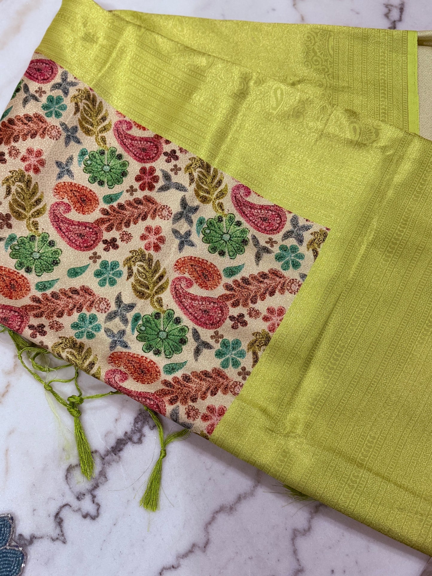 Vibrant Grace Kanjivaram Saree – Orange, Green & Sky Blue