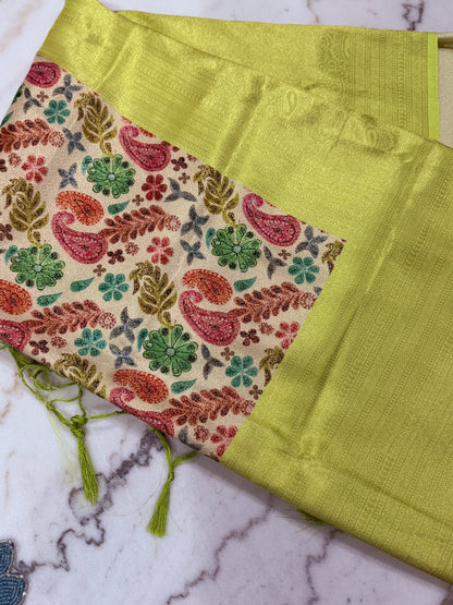 Vibrant Grace Kanjivaram Saree – Orange, Green & Sky Blue