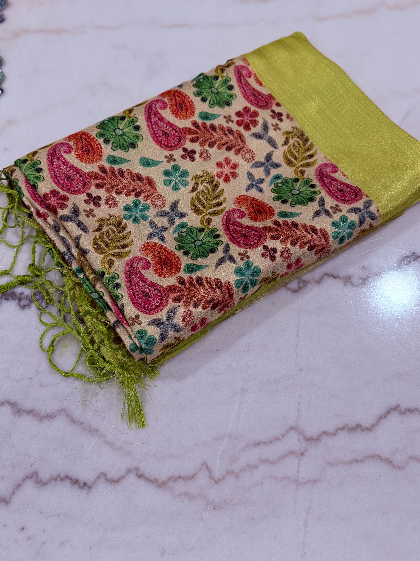 Vibrant Grace Kanjivaram Saree – Orange, Green & Sky Blue