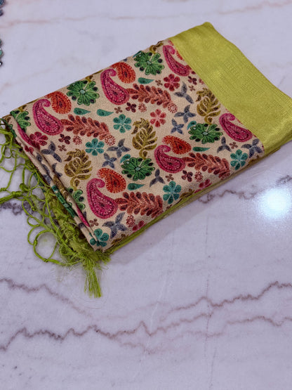 Vibrant Grace Kanjivaram Saree – Orange, Green & Sky Blue