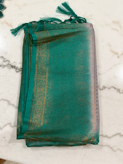 Regal Bloom Maroon & Gold Silk Saree with Green Accents