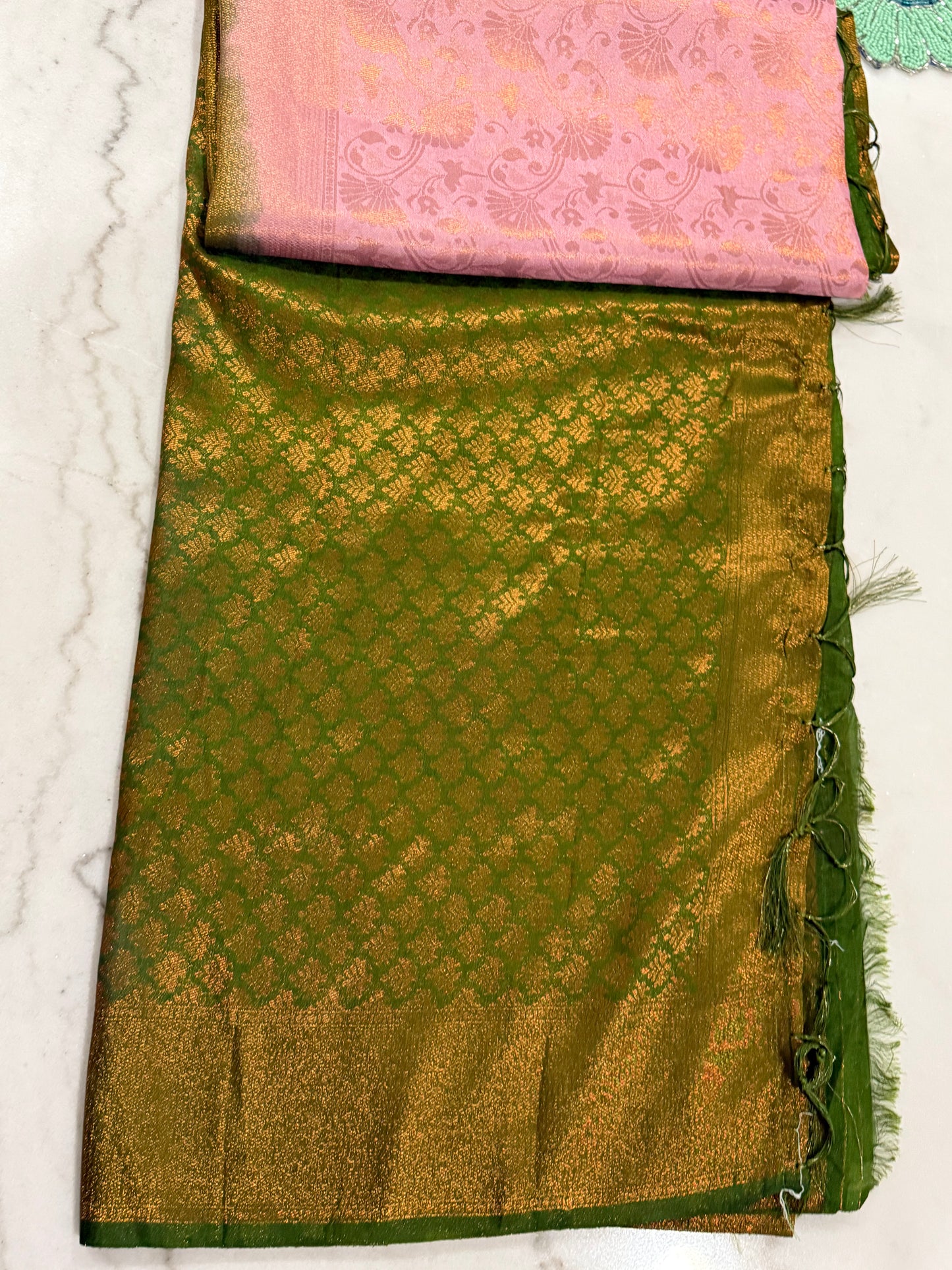 Regal Bloom Maroon & Gold Silk Saree with Green Accents