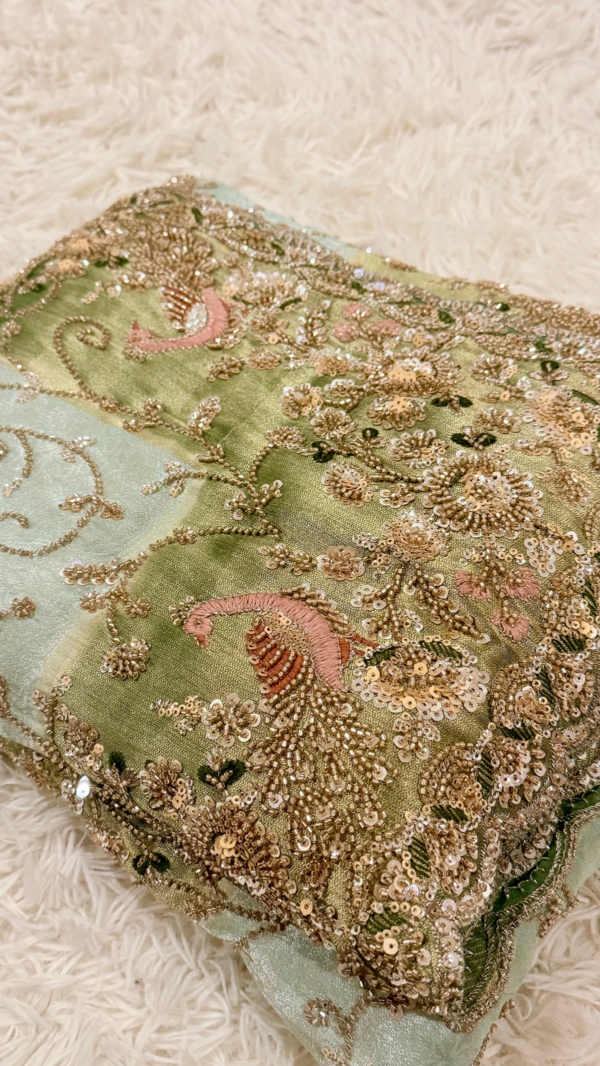 Royal Sage Green Silk Saree with Sequin & Zari Embroidery