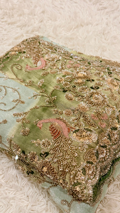 Royal Sage Green Silk Saree with Sequin & Zari Embroidery