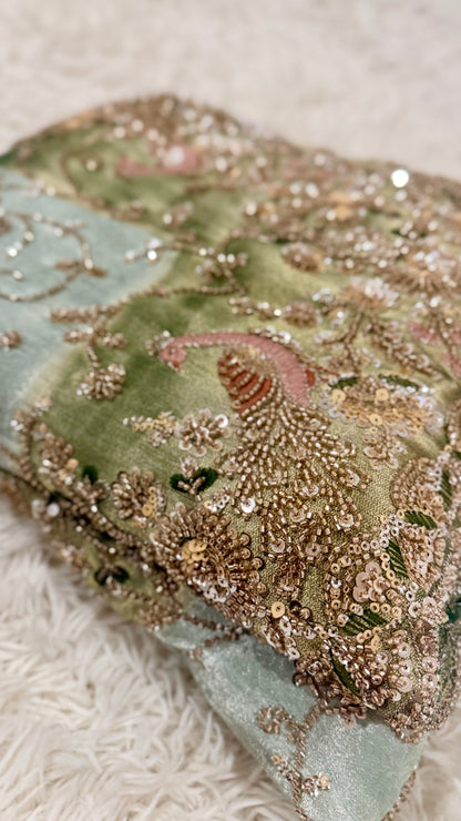 Royal Sage Green Silk Saree with Sequin & Zari Embroidery